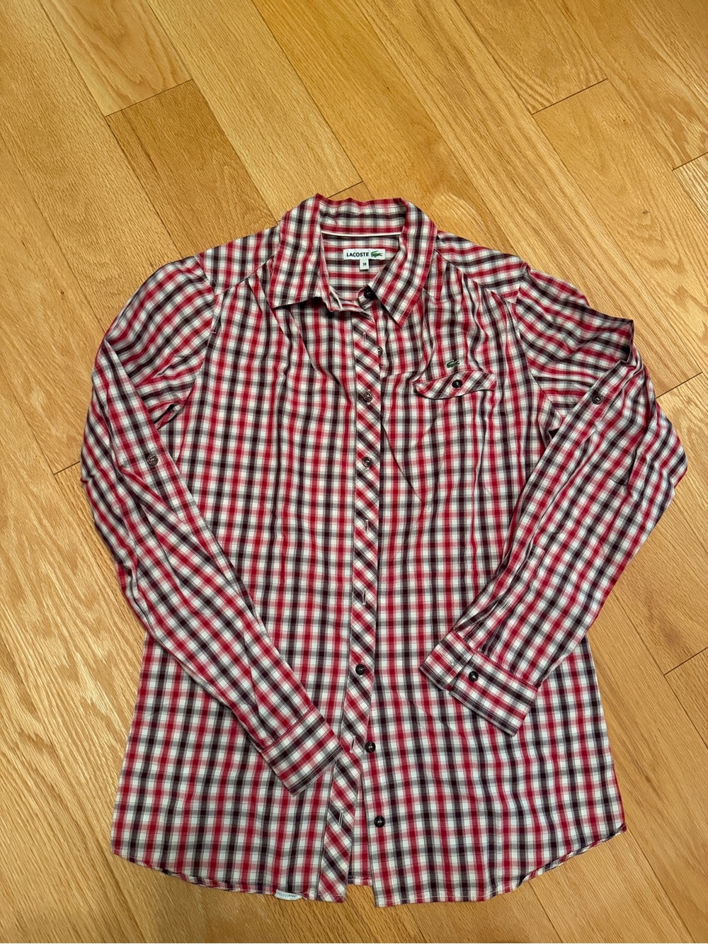 Lacoste Red and White Plaid Long-Sleeve Button-Down Shirt Women Femme 38
